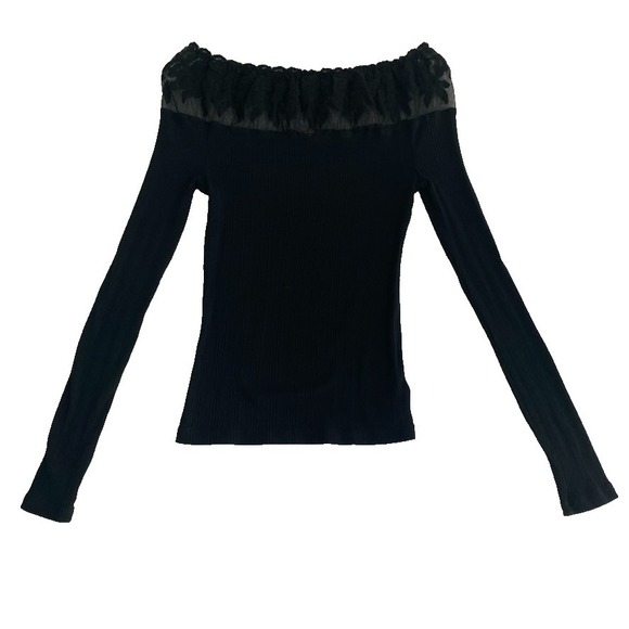 Free People Knit Blouse Sz S Black Stretchy Lace Accent Whimsygoth Dark Fairy - Picture 2 of 9